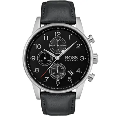 Hugo Boss Watch Men Black Dial Leather Strap Quartz Battery Analog Chronograph Navigator 1513678