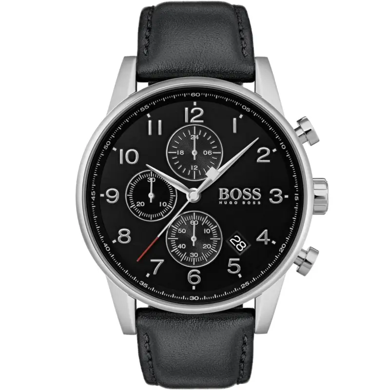 Hugo Boss Watch Men Black Dial Leather Strap Quartz Battery Analog Chronograph Navigator 1513678