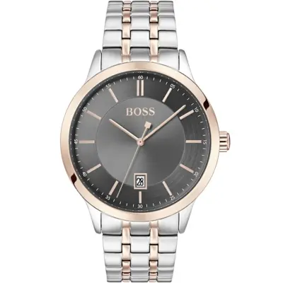 Hugo Boss Watch Men Gray Dial Metal Stainless Silver Rose Gold Strap Quartz Battery Analog Three Hand Officer 1513688