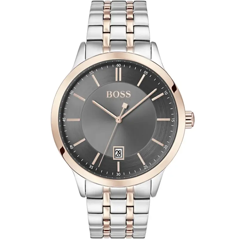 Hugo Boss Watch Men Gray Dial Metal Stainless Silver Rose Gold Strap Quartz Battery Analog Three Hand Officer 1513688