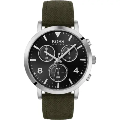 Hugo Boss Watch Chronograph Men Black Dial Fibers Green Textile Over Leather Strap Quartz Battery Analog Spirit 1513692