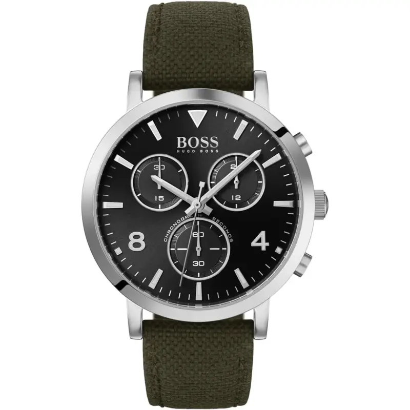 Hugo Boss Watch Chronograph Men Black Dial Fibers Green Textile Over Leather Strap Quartz Battery Analog Spirit 1513692