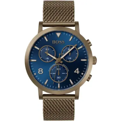 Hugo Boss Watch Chronograph Men Blue Dial Metal Stainless Brown Mesh Strap Quartz Battery Analog Spirit 1513693