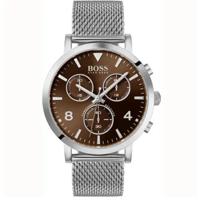 Hugo Boss Watch Chronograph Men Brown Dial Metal Stainless Silver Mesh Strap Quartz Battery Analog Spirit 1513694