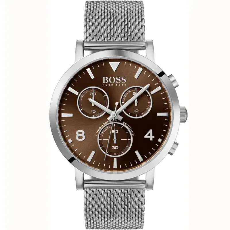 Hugo Boss Watch Chronograph Men Brown Dial Metal Stainless Silver Mesh Strap Quartz Battery Analog Spirit 1513694