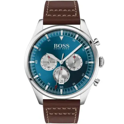 Hugo Boss Watch Men Blue Dial Leather Brown Strap Quartz Battery Analog Chronograph Pioneer 1513709