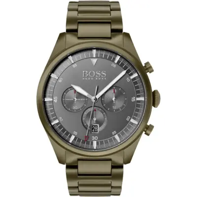 Hugo Boss Watch Men Gray Dial Metal Stainless Green Strap Quartz Battery Analog Chronograph Pioneer 1513715