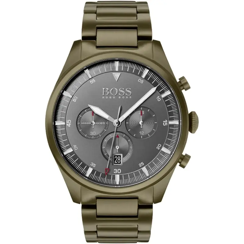 Hugo Boss Watch Men Gray Dial Metal Stainless Green Strap Quartz Battery Analog Chronograph Pioneer 1513715