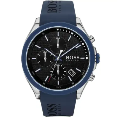 Hugo Boss Watch Men Black Dial Rubber Blue Strap Quartz Battery Analog Chronograph Velocity 1513717