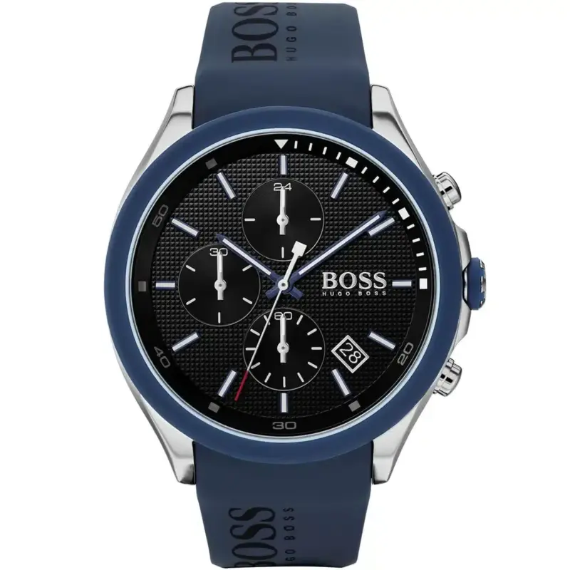 Hugo Boss Watch Men Black Dial Rubber Blue Strap Quartz Battery Analog Chronograph Velocity 1513717