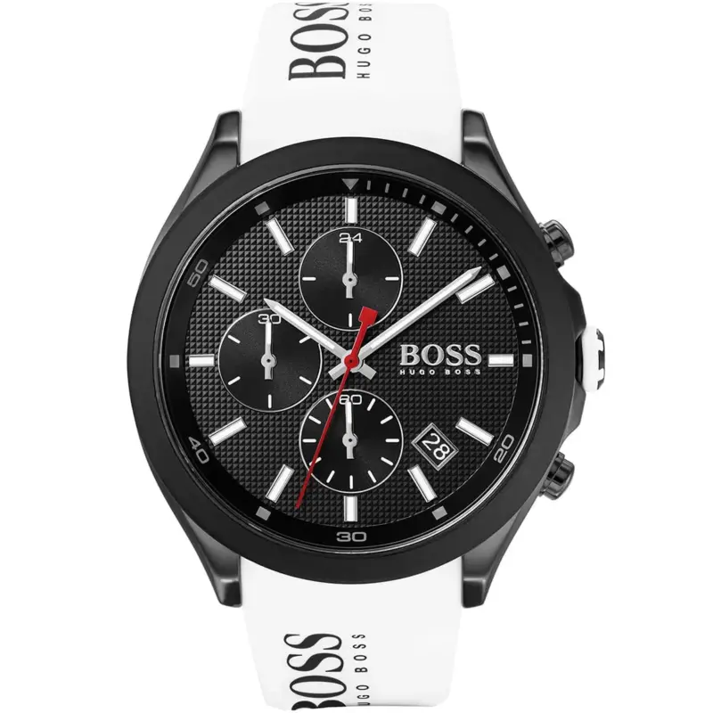 Hugo Boss Watch Men Black Dial Rubber White Strap Quartz Battery Analog Chronograph Velocity 1513718