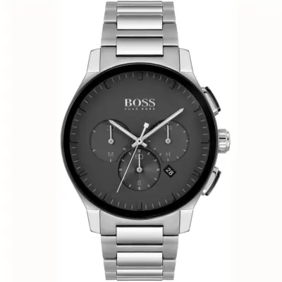 Hugo Boss Watch Men Black Dial Metal Stainless Steel Silver Strap Quartz Battery Analog Chronograph Peak 1513762