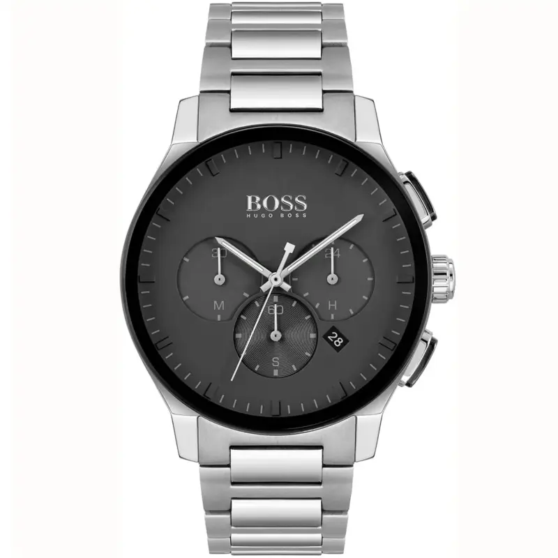 Hugo Boss Watch Men Black Dial Metal Stainless Steel Silver Strap Quartz Battery Analog Chronograph Peak 1513762