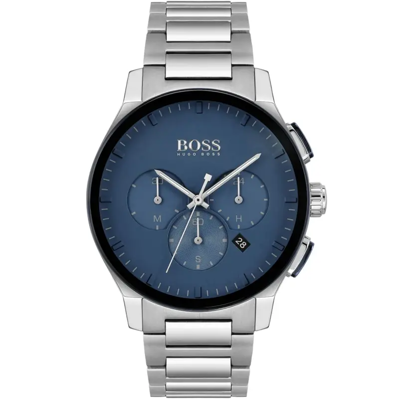 Hugo Boss Watch Men Blue Dial Metal Stainless Silver Strap Quartz Battery Analog Chronograph Peak 1513763