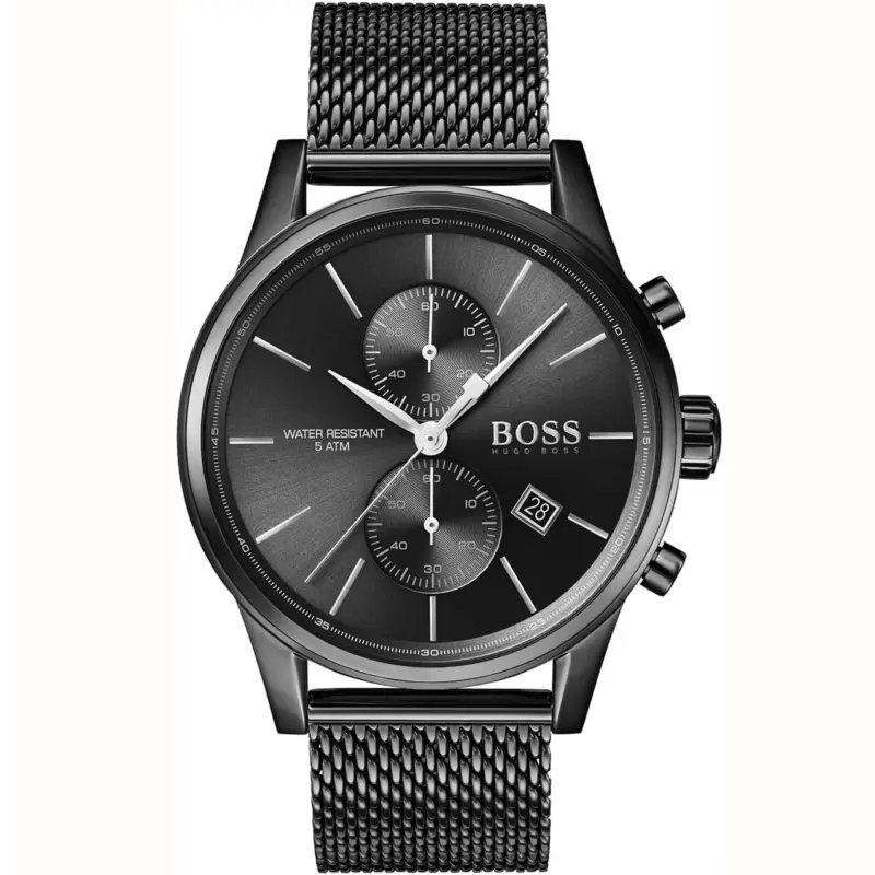 Hugo Boss Watch Water Resistant 5atm Men Black Dial Metal Stainless Strap Quartz Battery Analog Chronograph Jet 1513769