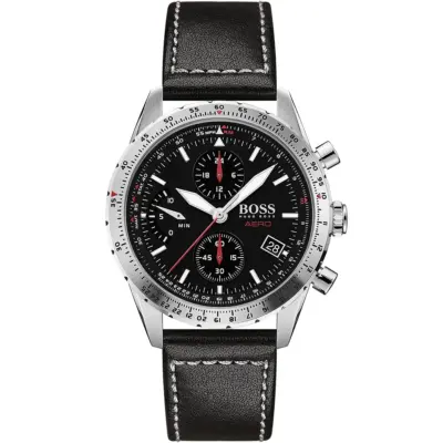 Hugo Boss Watch Aero Men Black Dial Leather Strap Quartz Battery Analog Chronograph 1513770