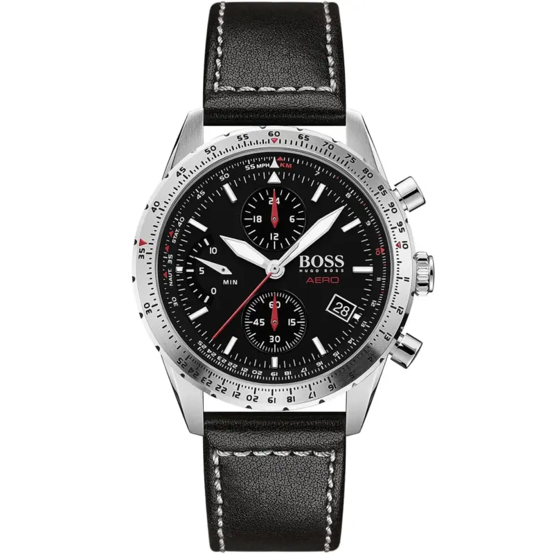 Hugo Boss Watch Aero Men Black Dial Leather Strap Quartz Battery Analog Chronograph 1513770