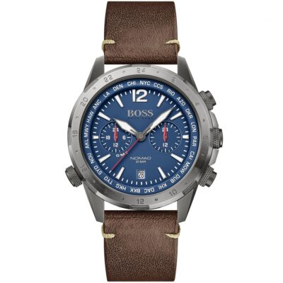 Hugo Boss Watch Men Blue Dial Leather Brown Strap Quartz Analog Chronograph Nomad 1513773