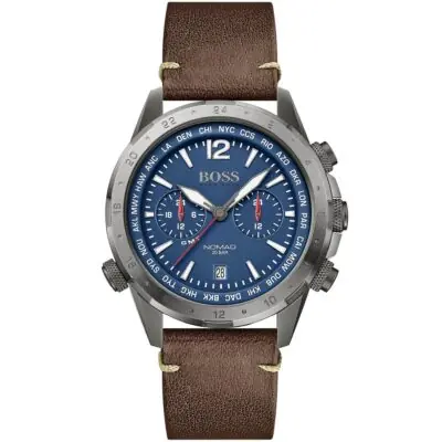 Hugo Boss Watch Men Blue Dial Leather Brown Strap Quartz Analog Chronograph Nomad 1513773