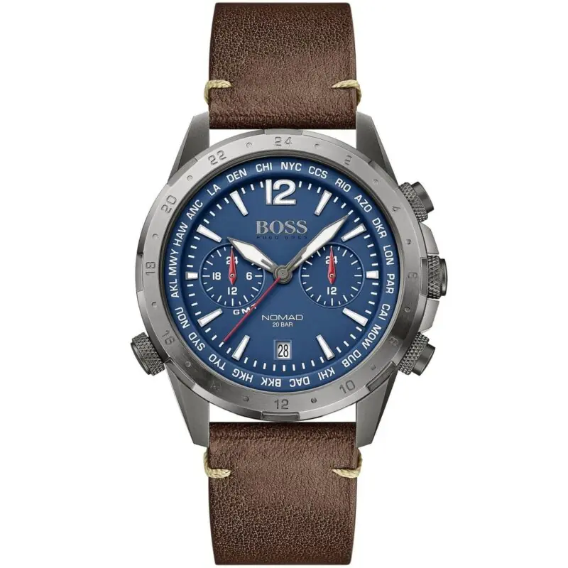 Hugo Boss Watch Men Blue Dial Leather Brown Strap Quartz Analog Chronograph Nomad 1513773