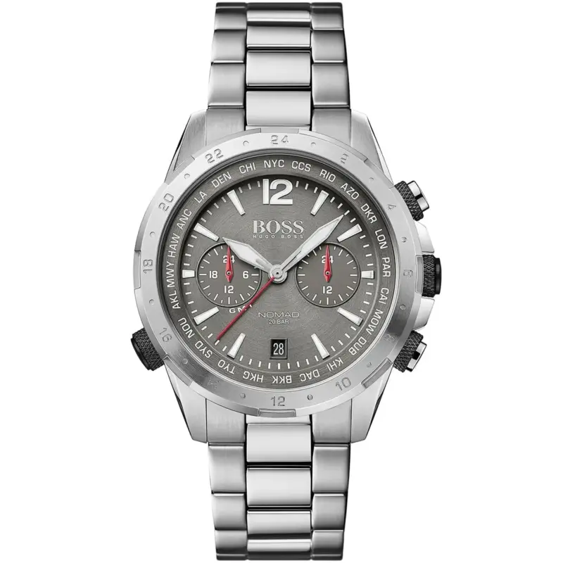 Hugo Boss Watch Men Gray Dial Metal Stainless Steel Silver Strap Quartz Battery Analog Chronograph 20bar Nomad 1513774