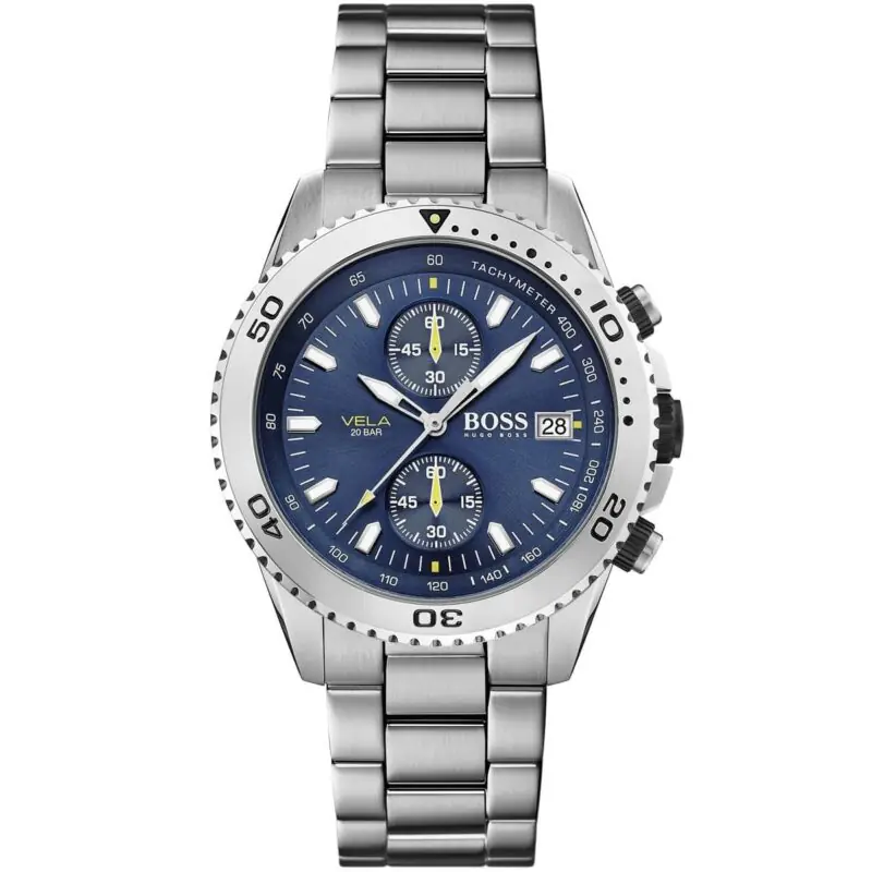 Hugo Boss Watch Men Blue Dial Stainless Steel Metal Silver Strap Quartz Analog Chronograph Vela 1513775