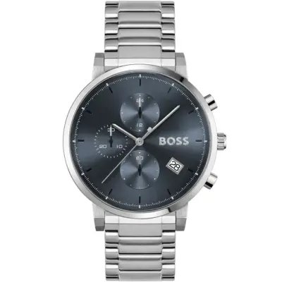 Hugo Boss Watch Men Blue Dial Metal Stainless Silver Strap Quartz Battery Analog Chronograph Integrity 1513779