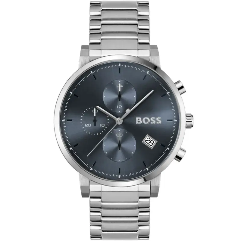 Hugo Boss Watch Men Blue Dial Metal Stainless Silver Strap Quartz Battery Analog Chronograph Integrity 1513779