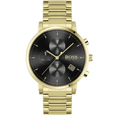 Hugo Boss Watch Men Black Dial Metal Stainless Gold Strap Quartz Battery Analog Chronograph Integrity 1513781 - Tia