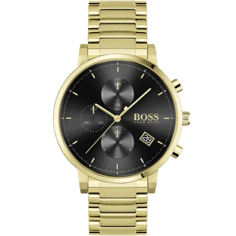 Hugo Boss Watch Men Black Dial Metal Stainless Gold Strap Quartz Battery Analog Chronograph Integrity 1513781