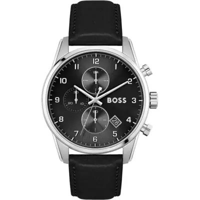 Hugo Boss Watch Men Black Dial Leather Strap Quartz Battery Analog Chronograph Skymaster 1513782