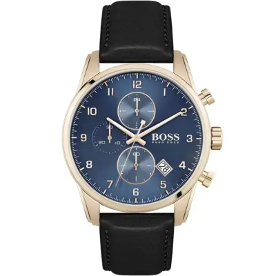 Hugo Boss Watch Men Blue Dial Leather Black Strap Quartz Battery Analog Chronograph Skymaster 1513783