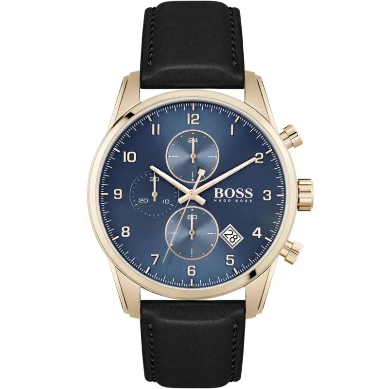 Hugo Boss Watch Men Blue Dial Leather Black Strap Quartz Battery Analog Chronograph Skymaster 1513783
