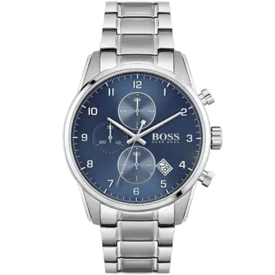 Hugo Boss Watch Men Blue Dial Metal Stainless Silver Strap Quartz Battery Analog Chronograph Skymaster 1513784