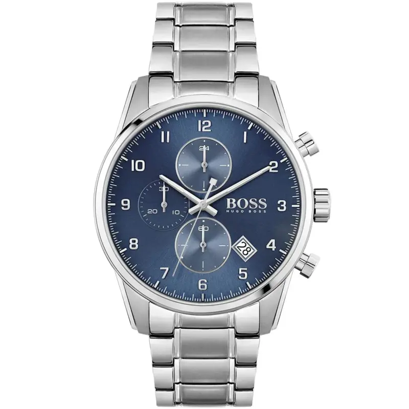 Hugo Boss Watch Men Blue Dial Metal Stainless Silver Strap Quartz Battery Analog Chronograph Skymaster 1513784