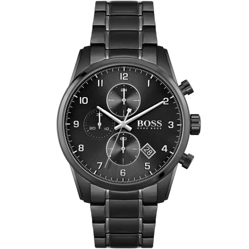 Hugo Boss Watch Men Black Dial Metal Stainless Strap Quartz Battery Analog Chronograph Skymaster 1513785