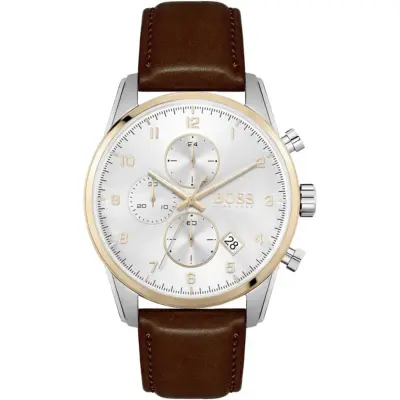 Hugo Boss Watch Men Silver Dial Leather Brown Strap Quartz Battery Analog Chronograph Skymaster 1513786