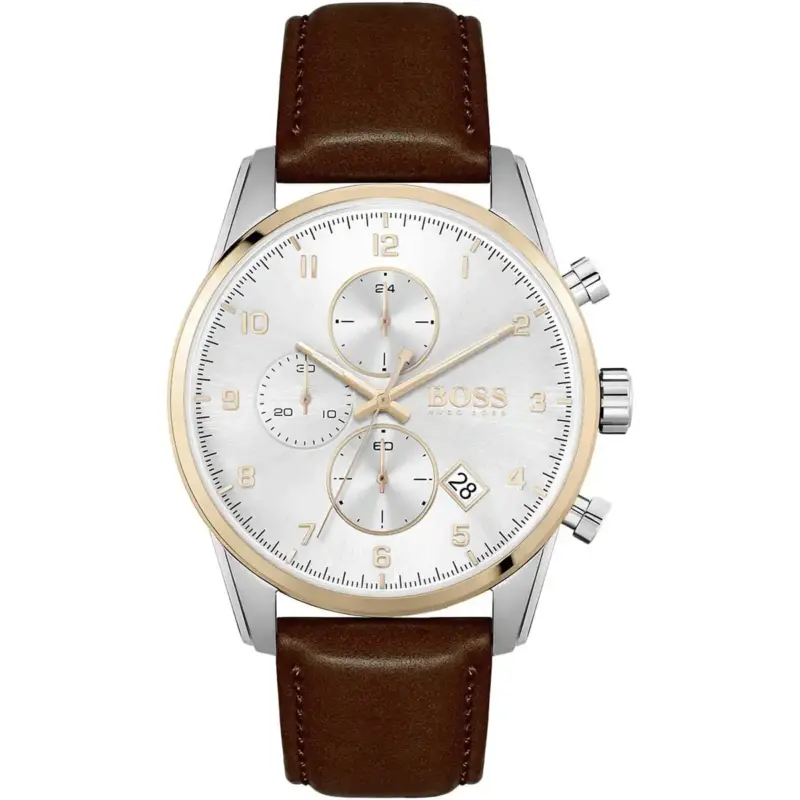 Hugo Boss Watch Men Silver Dial Leather Brown Strap Quartz Battery Analog Chronograph Skymaster 1513786