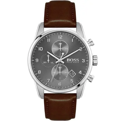 Hugo Boss Watch Men Gray Dial Leather Brown Strap Quartz Battery Analog Chronograph Skymaster 1513787