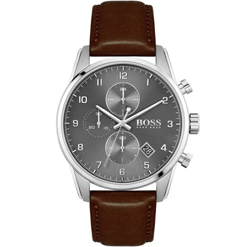Hugo Boss Watch Men Gray Dial Leather Brown Strap Quartz Battery Analog Chronograph Skymaster 1513787
