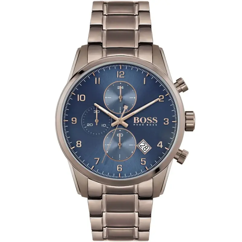 Hugo Boss Watch Men Blue Dial Metal Stainless Brown Strap Quartz Battery Analog Chronograph Skymaster 1513788