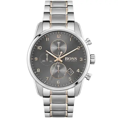 Hugo Boss Watch Men Gray Dial Metal Stainless Silver Rose Gold Strap Quartz Battery Analog Chronograph Skymaster 1513789