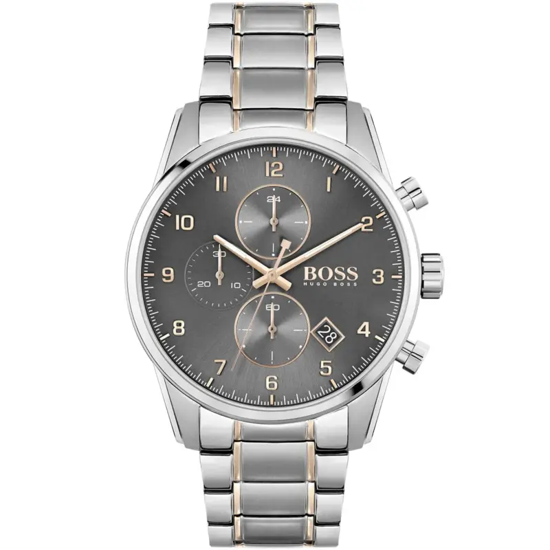 Hugo Boss Watch Men Gray Dial Metal Stainless Silver Rose Gold Strap Quartz Battery Analog Chronograph Skymaster 1513789