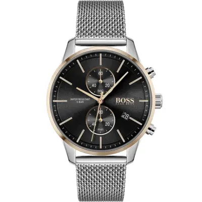 Hugo Boss Watch Water Resistant 5bar Men Black Dial Metal Stainless Silver Mesh Strap Quartz Battery Analog Chronograph Associate 1513805