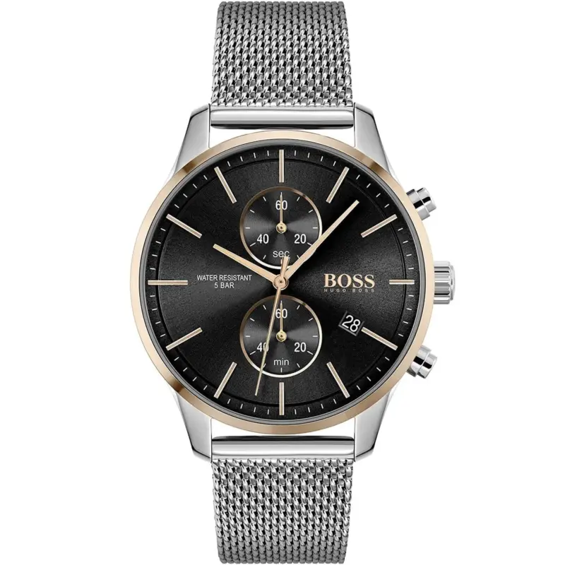 Hugo Boss Watch Water Resistant 5bar Men Black Dial Metal Stainless Silver Mesh Strap Quartz Battery Analog Chronograph Associate 1513805