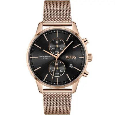 Hugo Boss Watch Water Resistant 5bar Men Black Dial Metal Stainless Rose Gold Mesh Strap Quartz Battery Analog Chronograph Associate 1513806