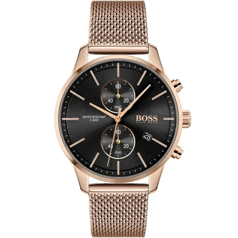 Hugo Boss Watch Water Resistant 5bar Men Black Dial Metal Stainless Rose Gold Mesh Strap Quartz Battery Analog Chronograph Associate 1513806