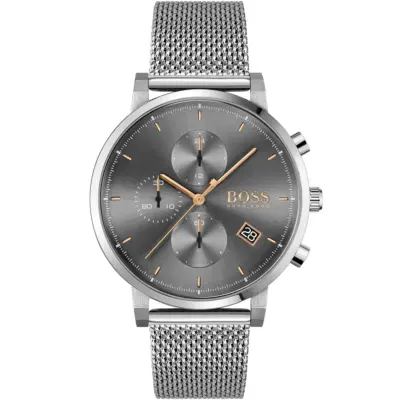 Hugo Boss Watch Men Gray Dial Metal Stainless Silver Mesh Strap Quartz Battery Analog Chronograph Integrity 1513807