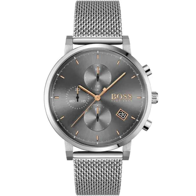 Hugo Boss Watch Men Gray Dial Metal Stainless Silver Mesh Strap Quartz Battery Analog Chronograph Integrity 1513807