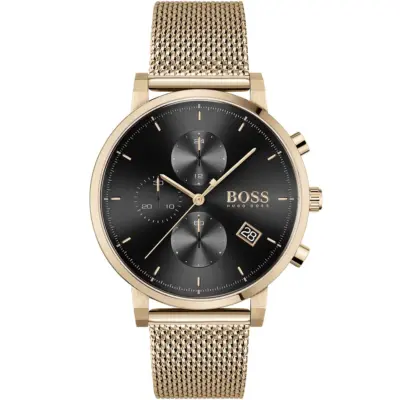 Hugo Boss Watch Men Black Dial Metal Stainless Rose Gold Mesh Strap Quartz Battery Analog Chronograph Integrity 1513808